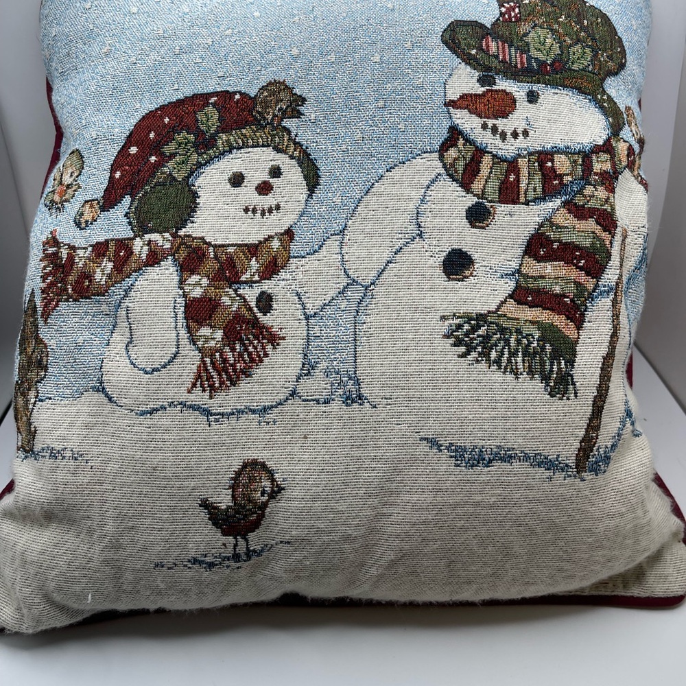 Winter Scene Parent & child Snow People Needle Point Throw Pillow. 15.5”